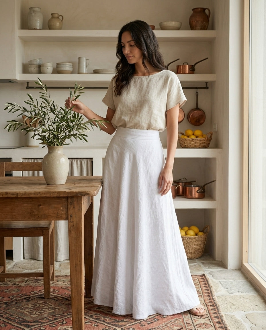 Maxi Linen Skirt with Elastic Waistband