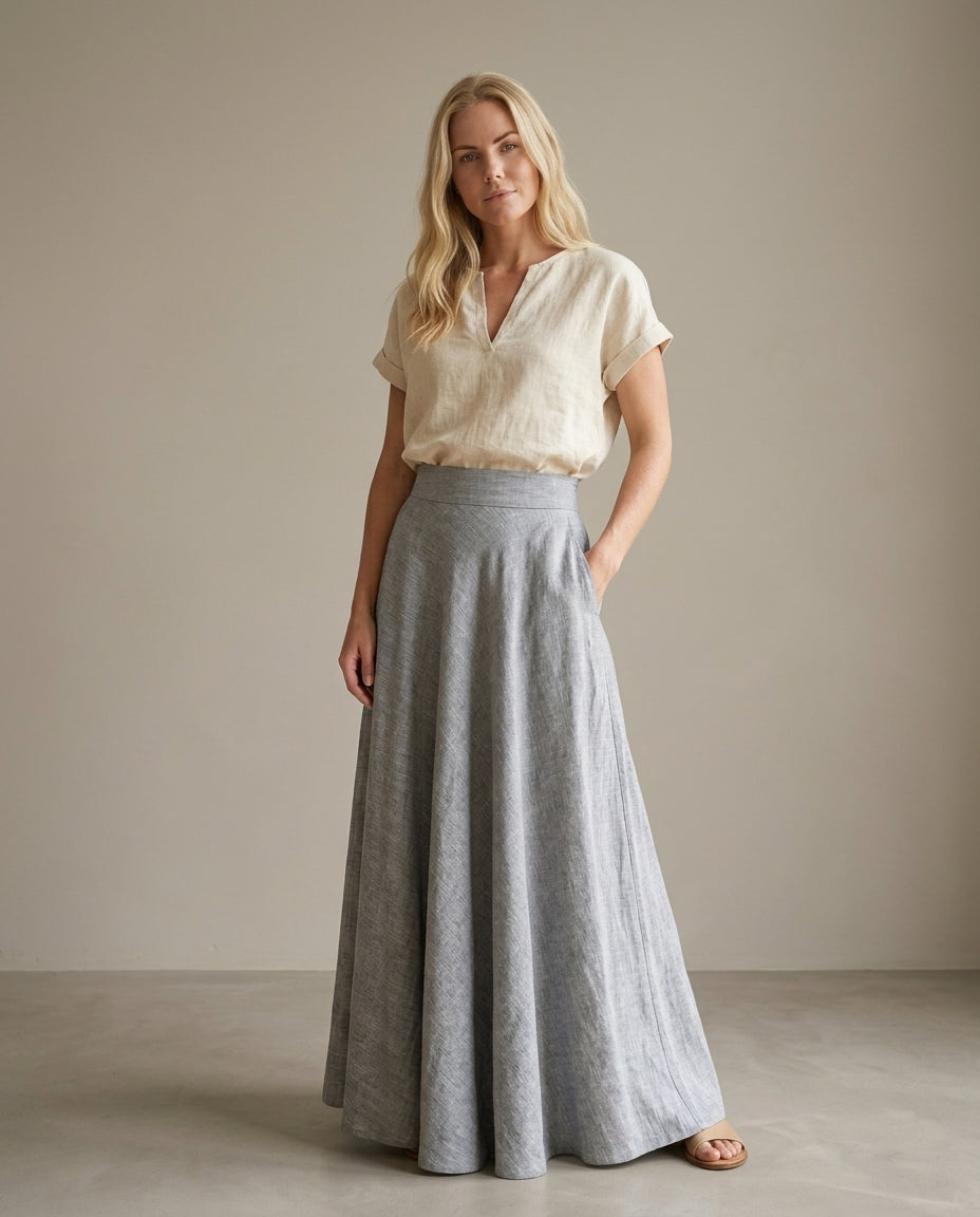 Maxi Linen Skirt with Elastic Waistband