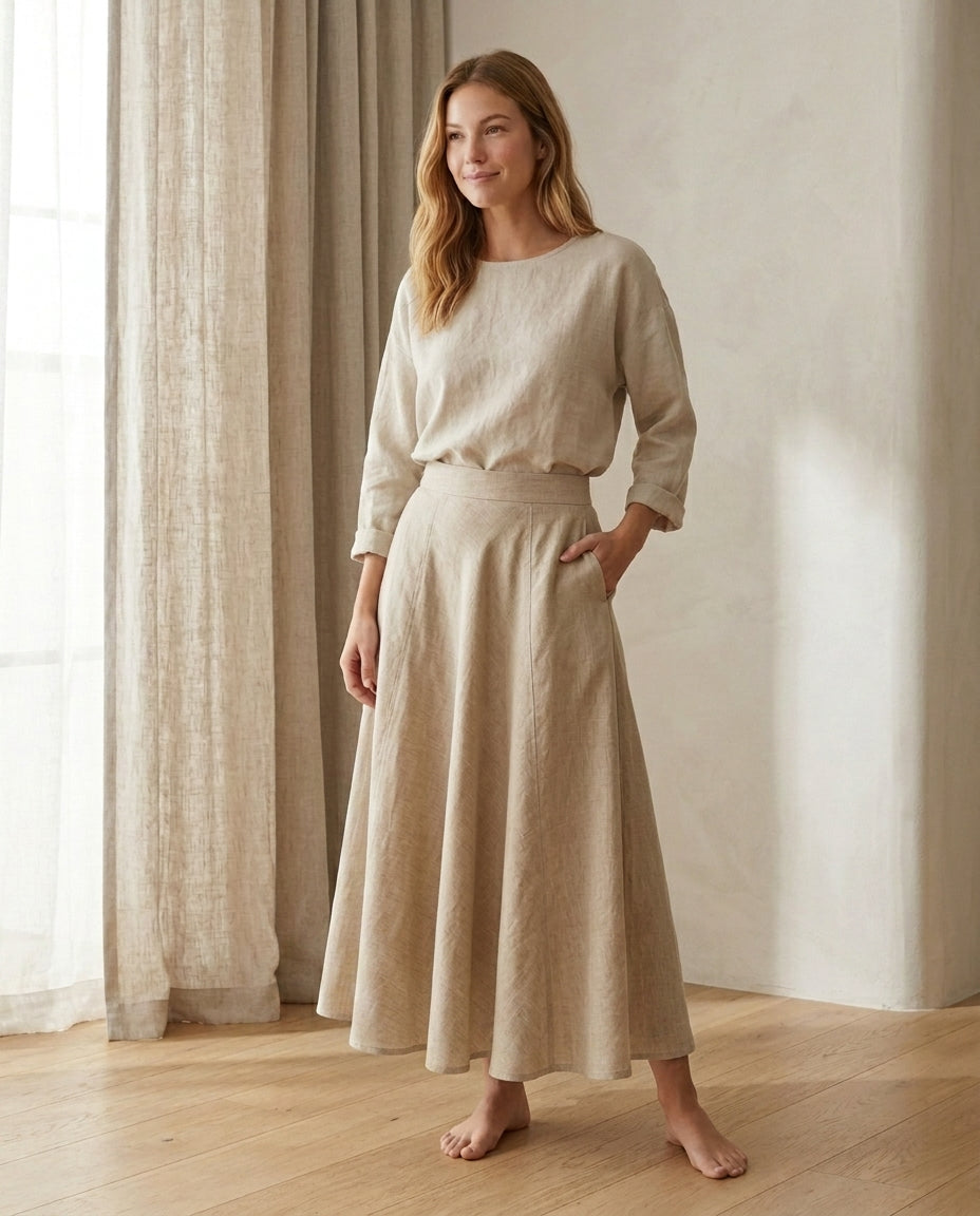 Maxi Linen Skirt with Elastic Waistband