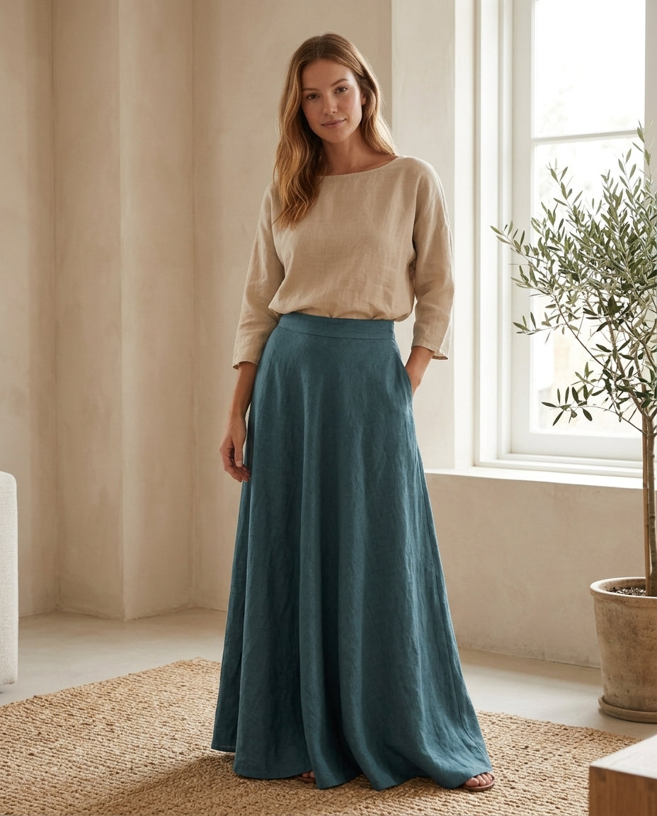Maxi Linen Skirt with Elastic Waistband
