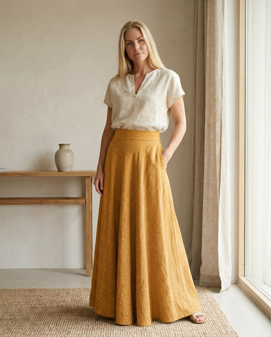 Maxi Linen Skirt with Elastic Waistband