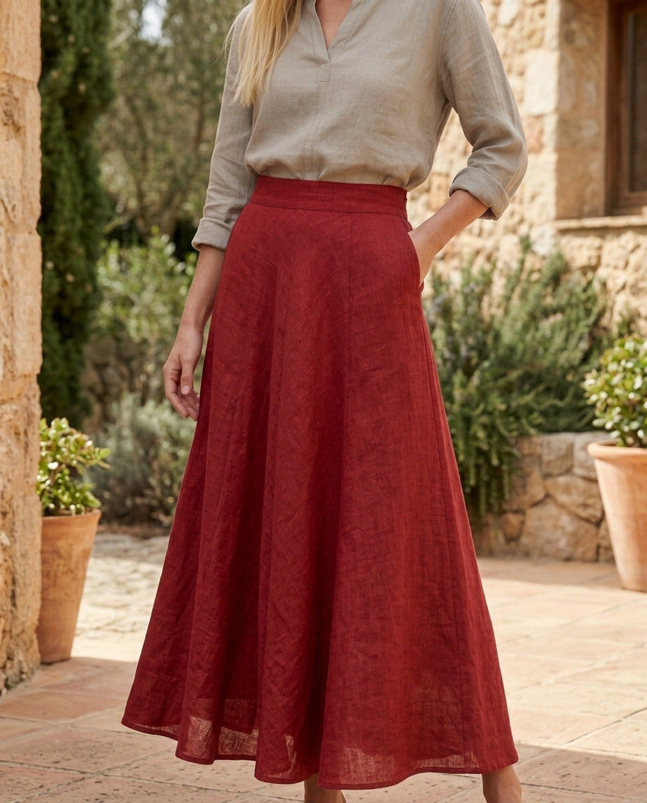 Maxi Linen Skirt with Elastic Waistband