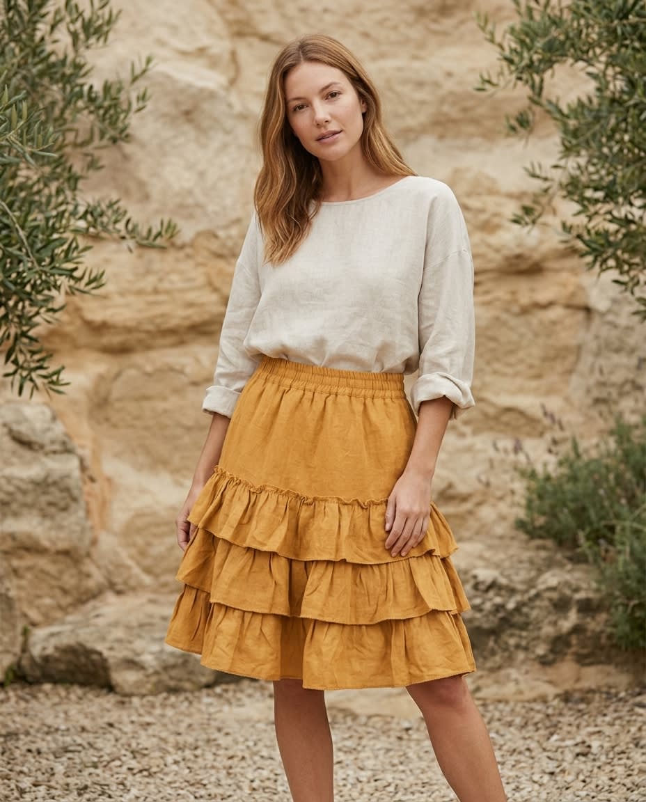 Tiered Ruffle Linen Mini Skirt