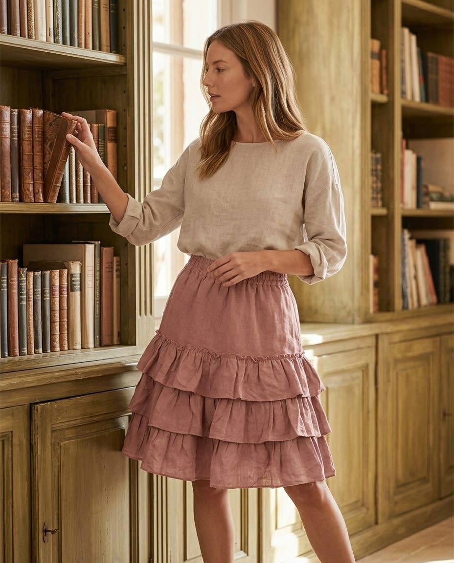 Tiered Ruffle Linen Mini Skirt