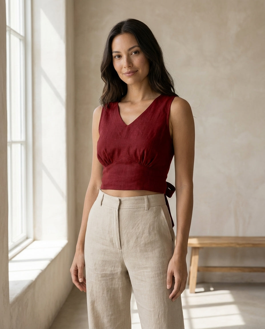 Linen Tie Back Blouse | Reversible Front or Back Tie Crop Top