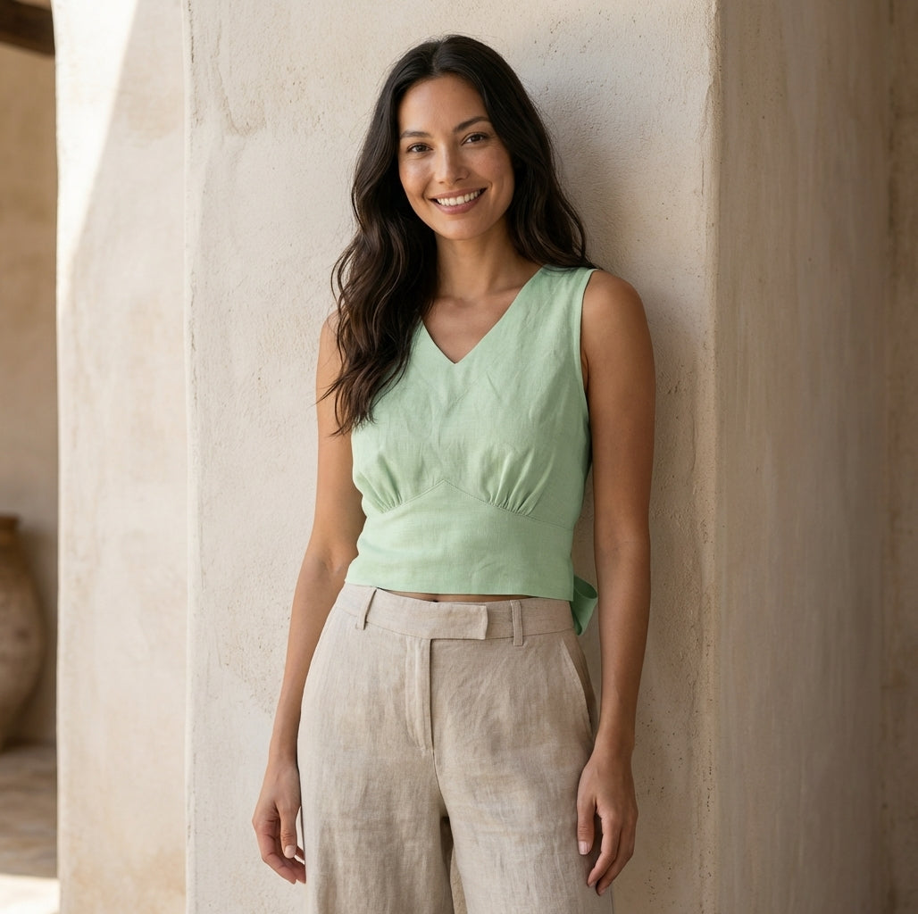 Linen Tie Back Blouse | Reversible Front or Back Tie Crop Top