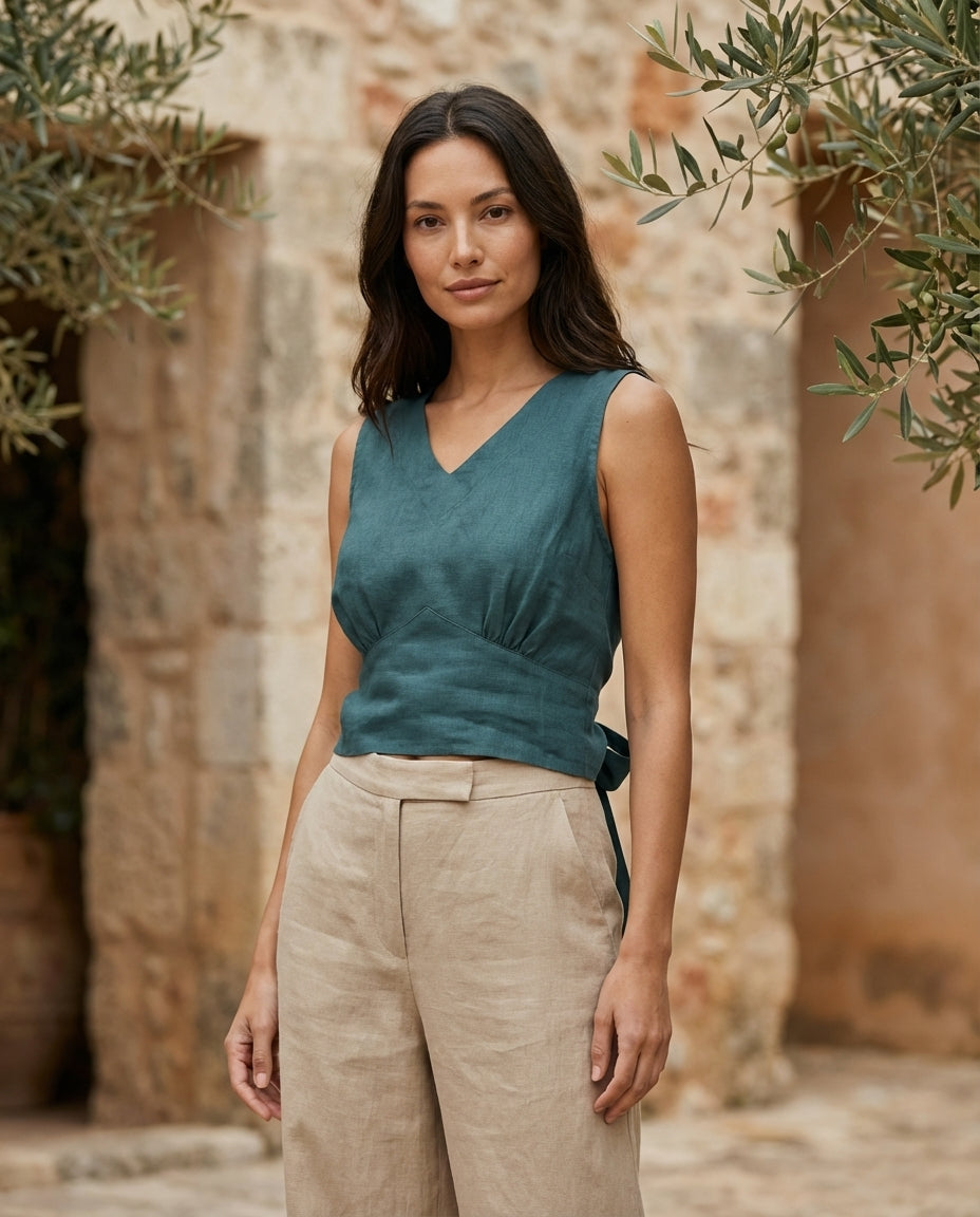 Linen Tie Back Blouse | Reversible Front or Back Tie Crop Top