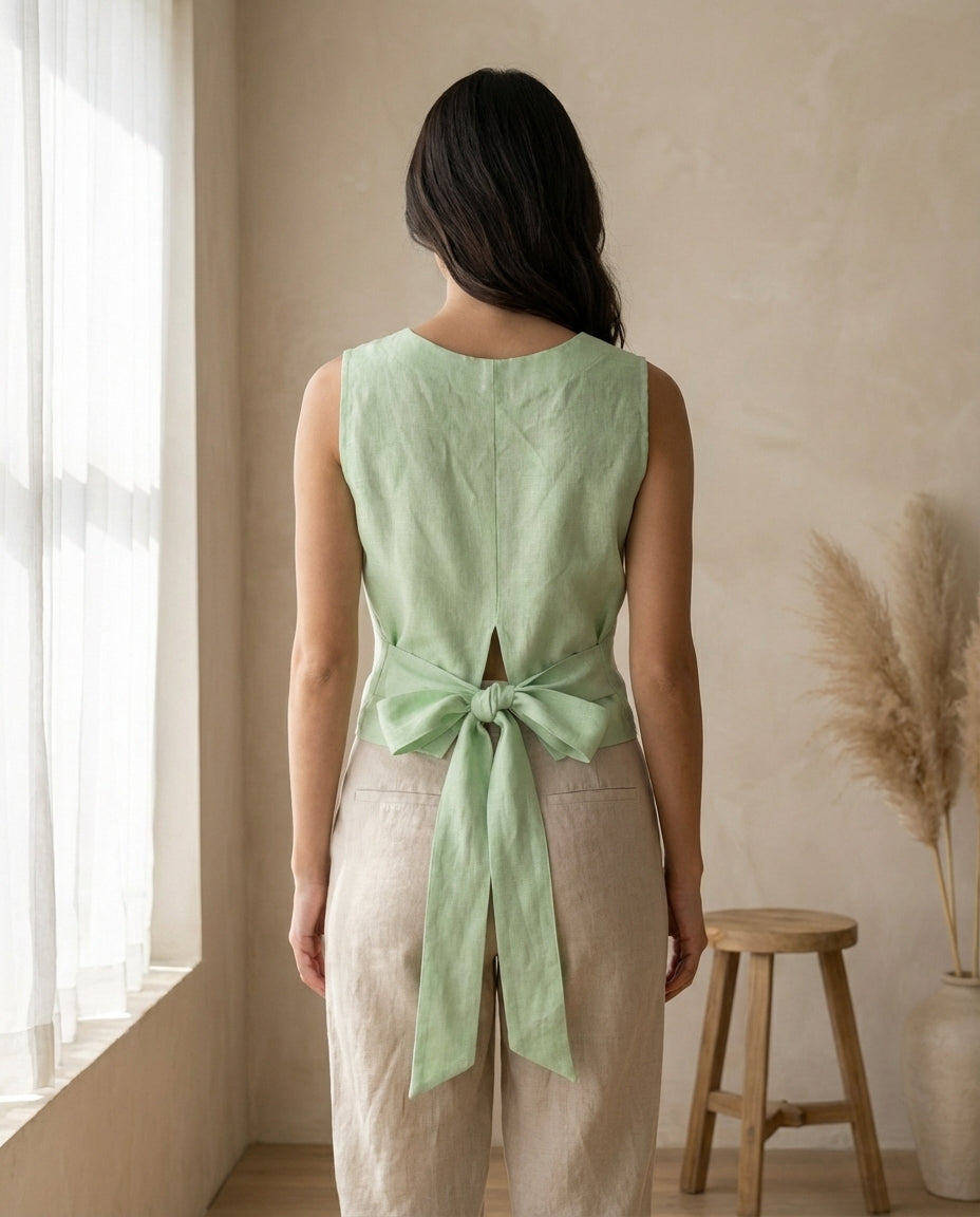 Linen Tie Back Blouse | Reversible Front or Back Tie Crop Top