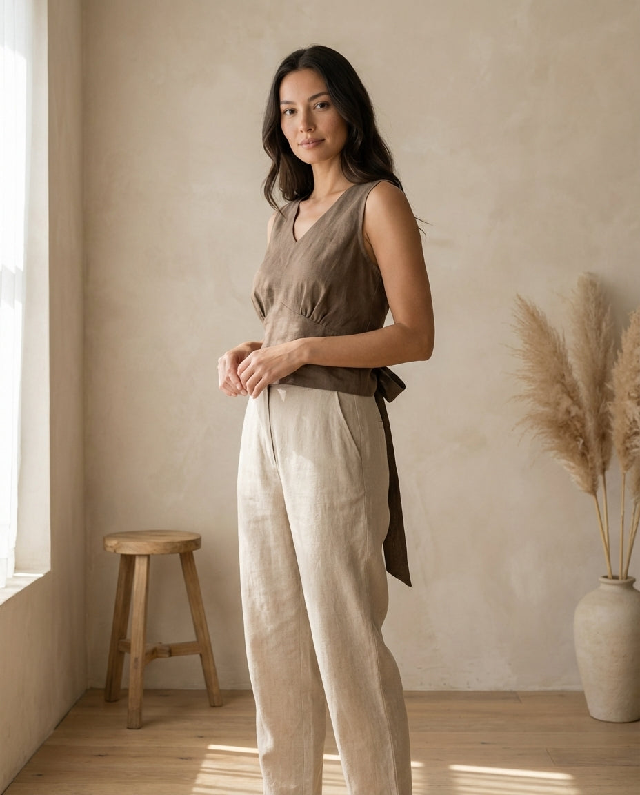 Linen Tie Back Blouse | Reversible Front or Back Tie Crop Top