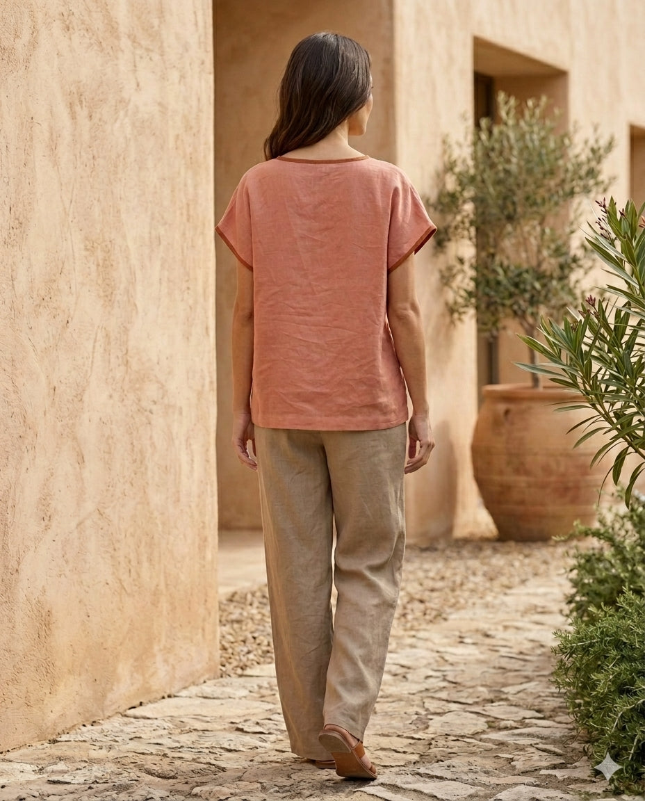 V-Neck Linen Blouse with Contrast Trim – Mix & Match