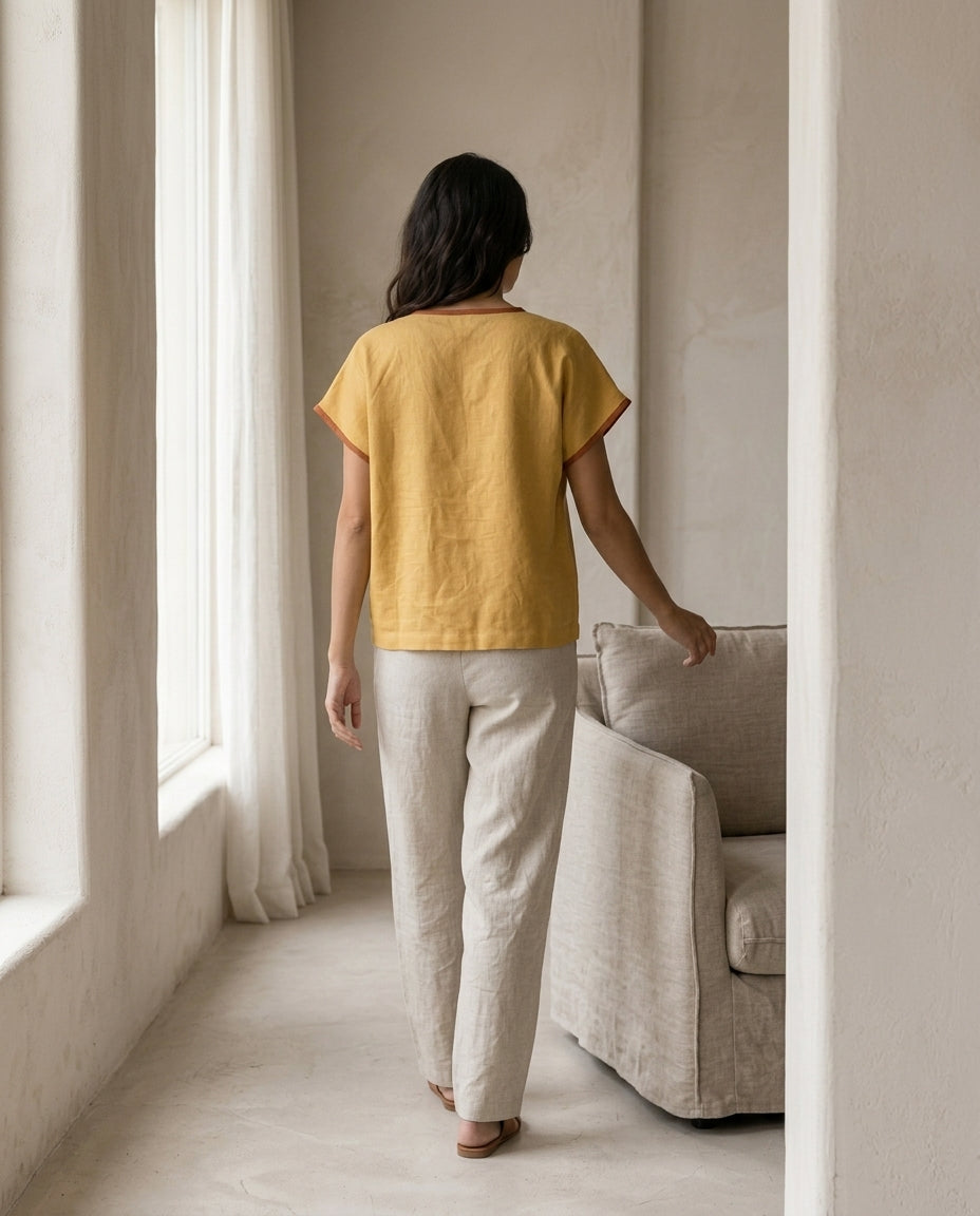 V-Neck Linen Blouse with Contrast Trim – Mix & Match