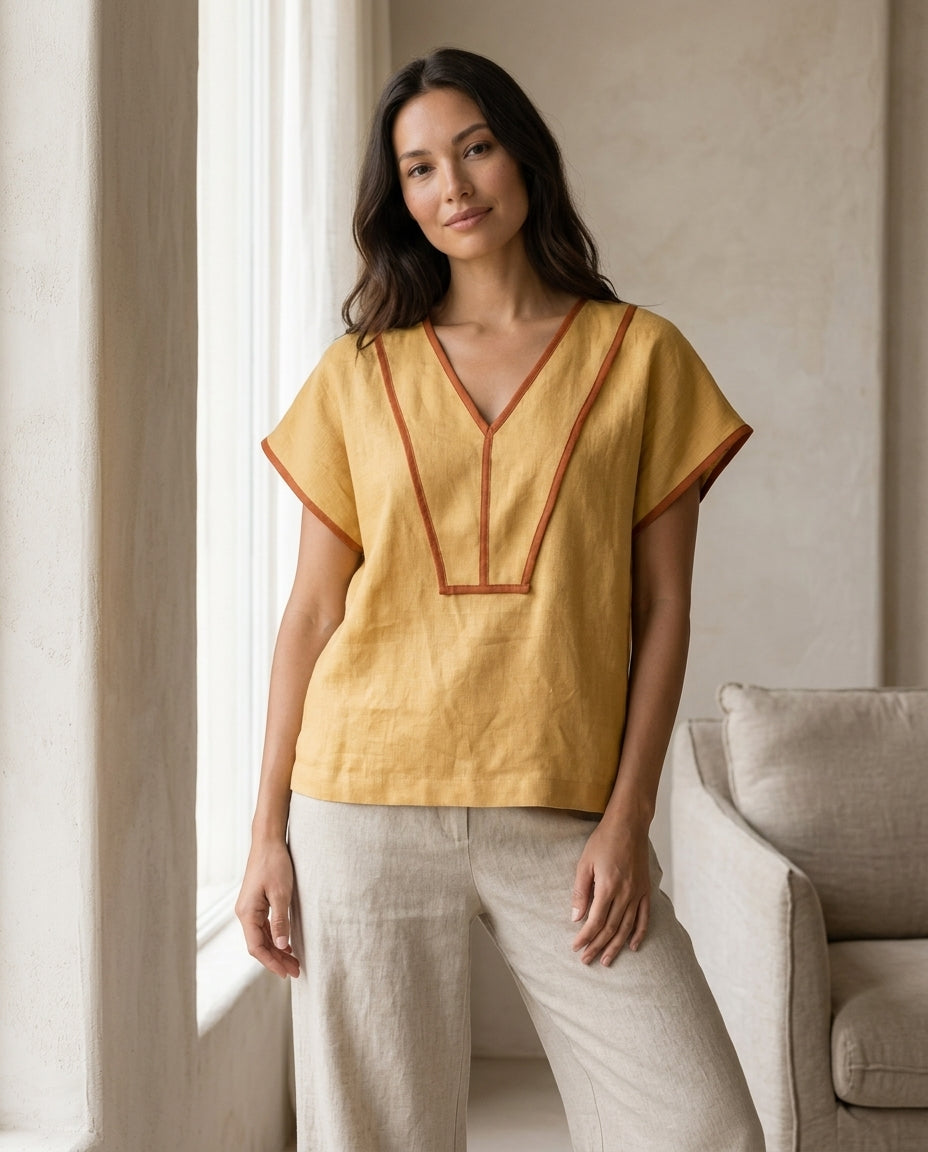V-Neck Linen Blouse with Contrast Trim – Mix & Match
