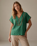 V-Neck Linen Blouse with Contrast Trim – Mix & Match