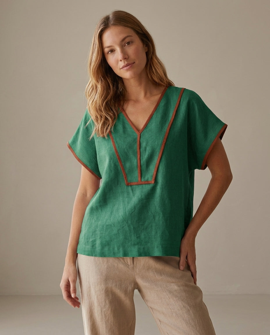 V-Neck Linen Blouse with Contrast Trim – Mix & Match