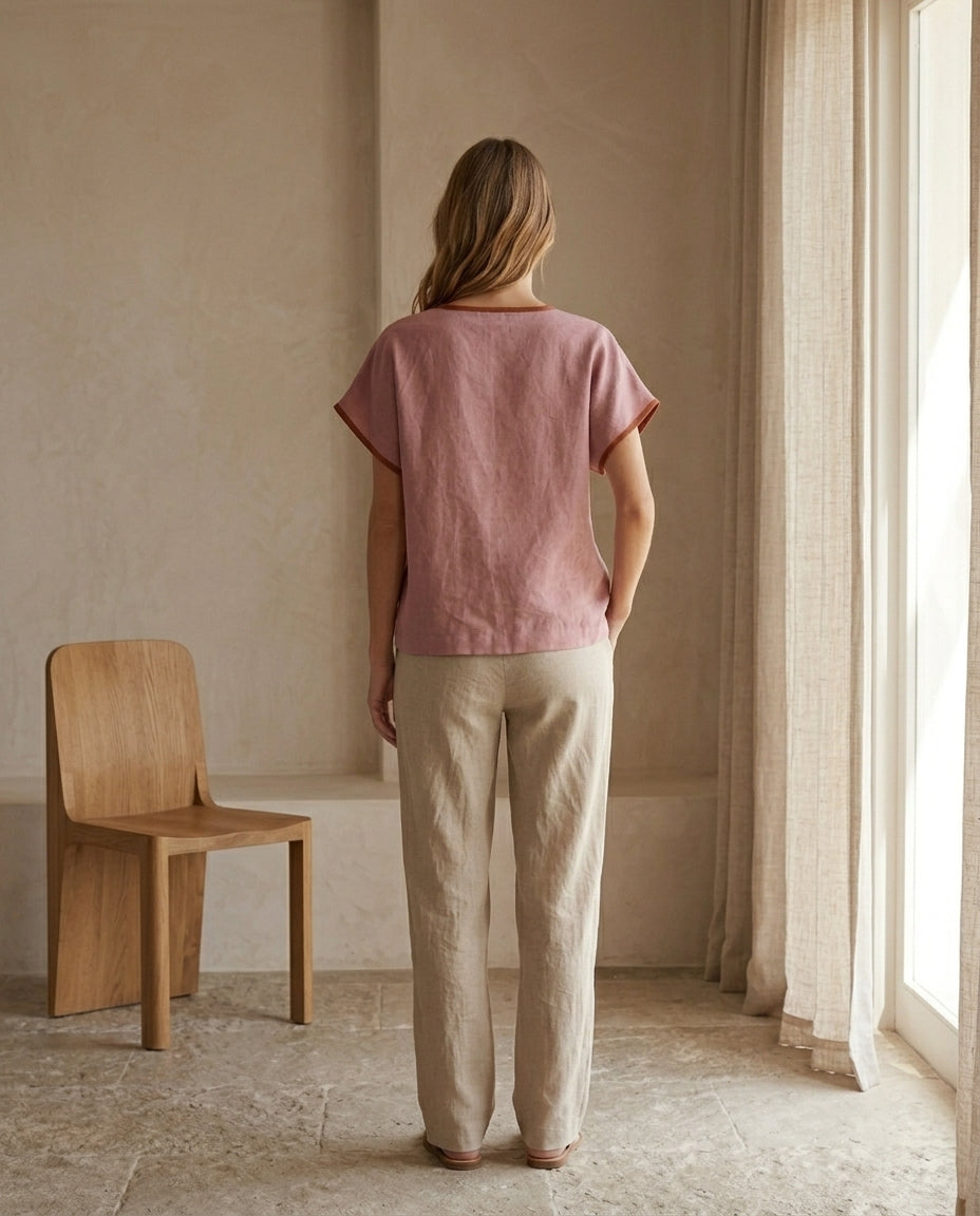 V-Neck Linen Blouse with Contrast Trim – Mix & Match
