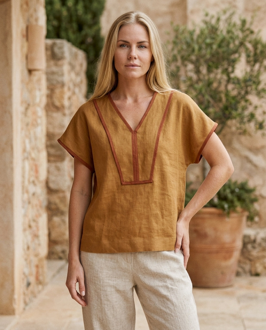 V-Neck Linen Blouse with Contrast Trim – Mix & Match