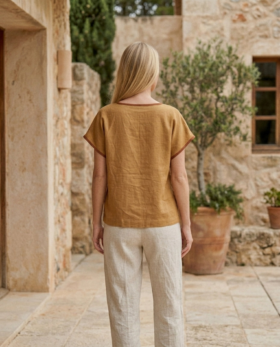 V-Neck Linen Blouse with Contrast Trim – Mix & Match