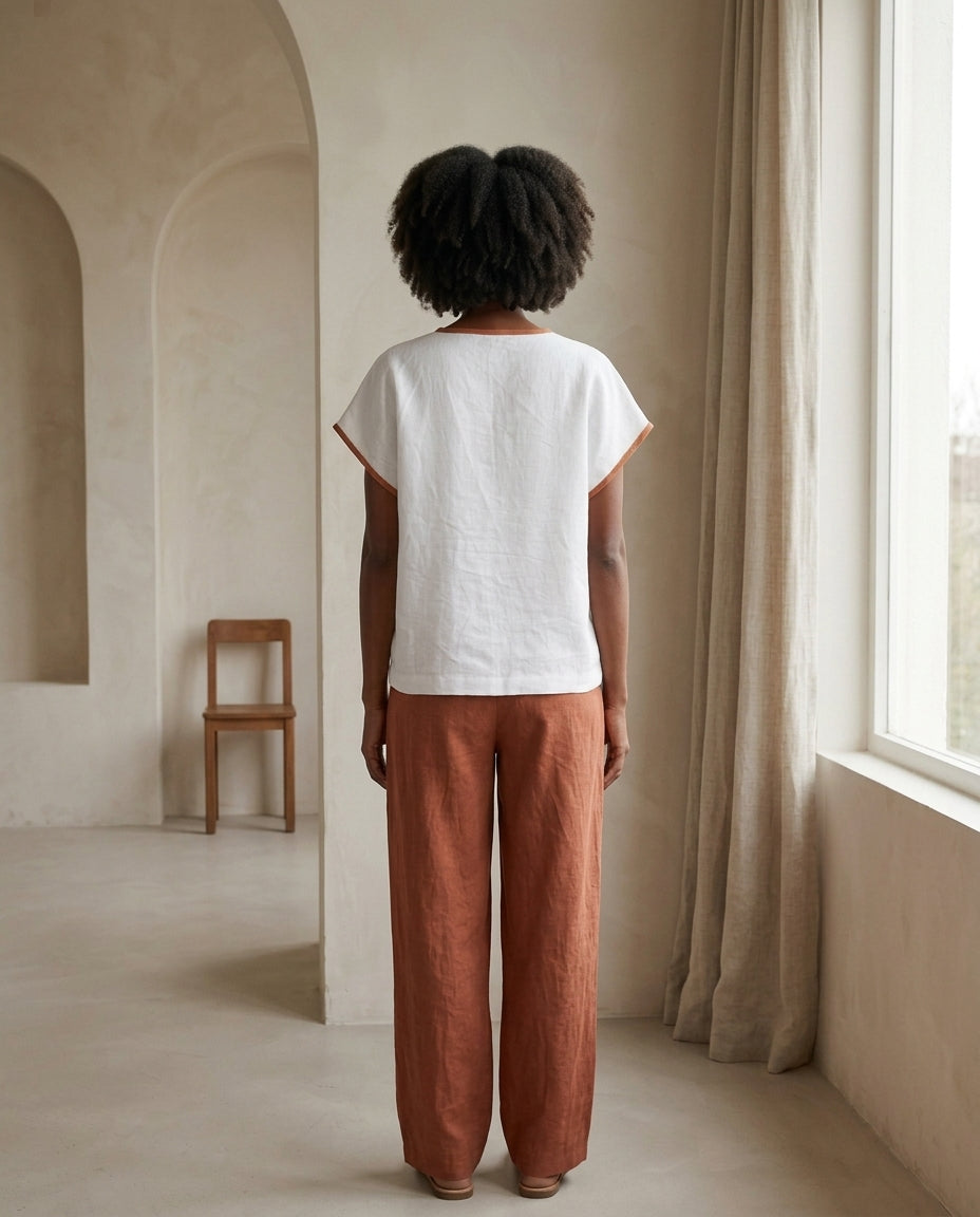 V-Neck Linen Blouse with Contrast Trim – Mix & Match