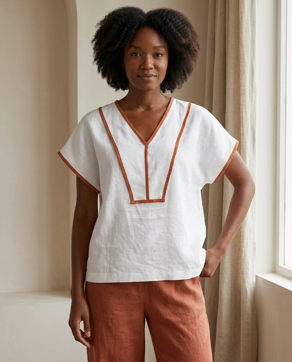 V-Neck Linen Blouse with Contrast Trim – Mix & Match