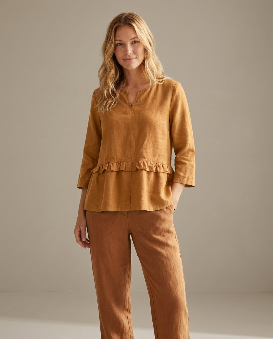 Ruffled Linen Blouse with V-Neck | Optional Birthday Flower Embroidery