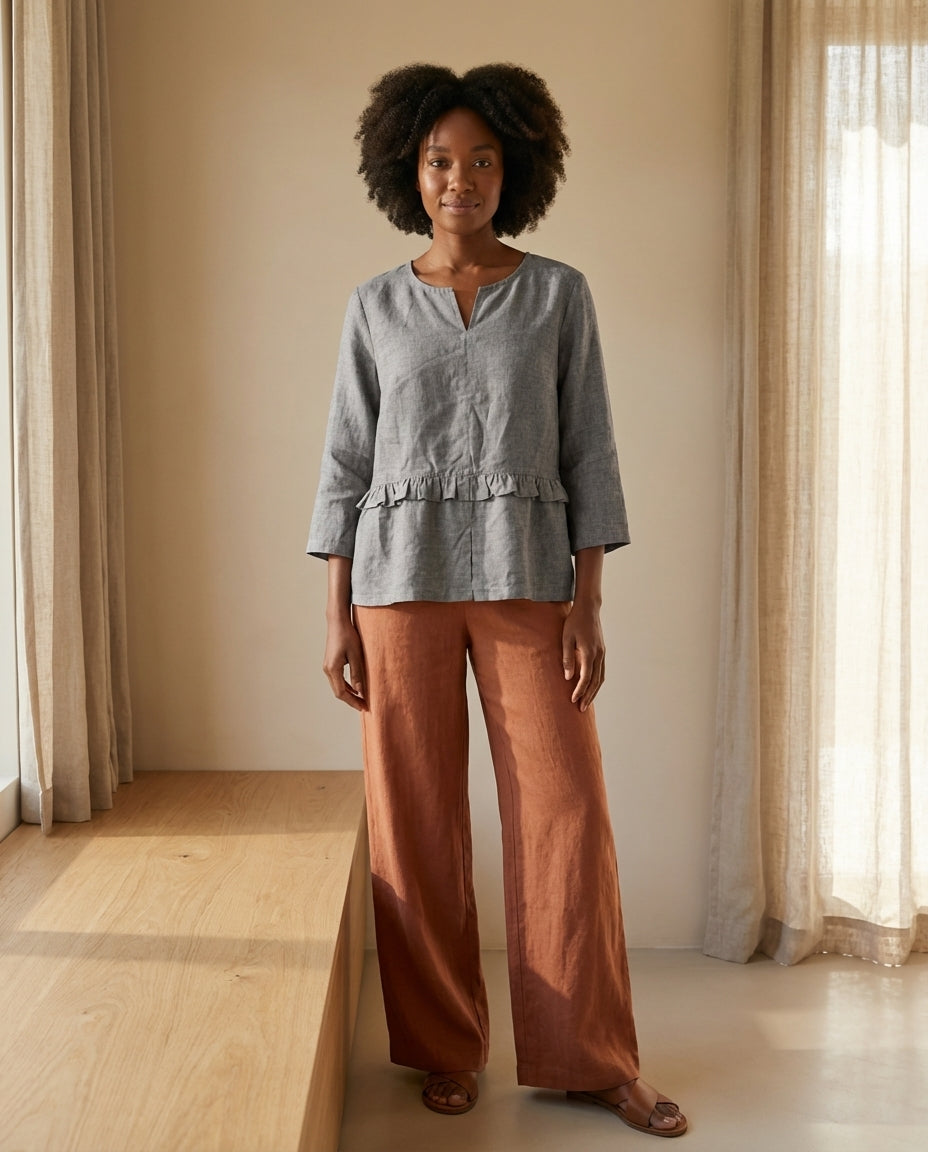 Ruffled Linen Blouse with V-Neck