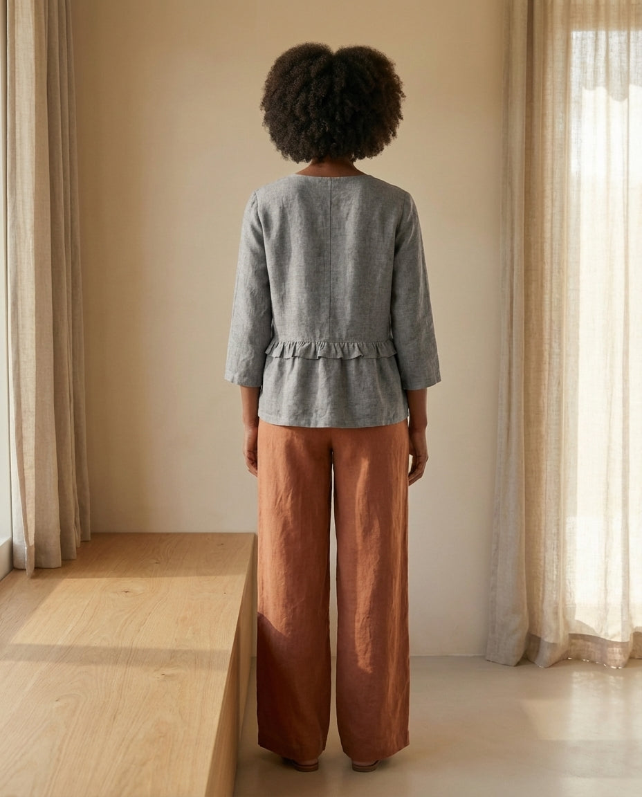 Ruffled Linen Blouse with V-Neck