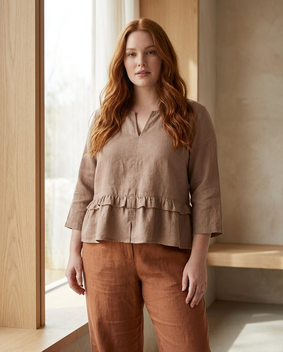 Ruffled Linen Blouse with V-Neck