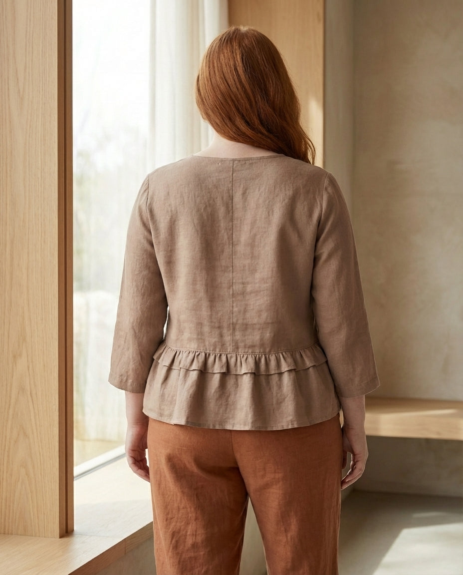 Ruffled Linen Blouse with V-Neck