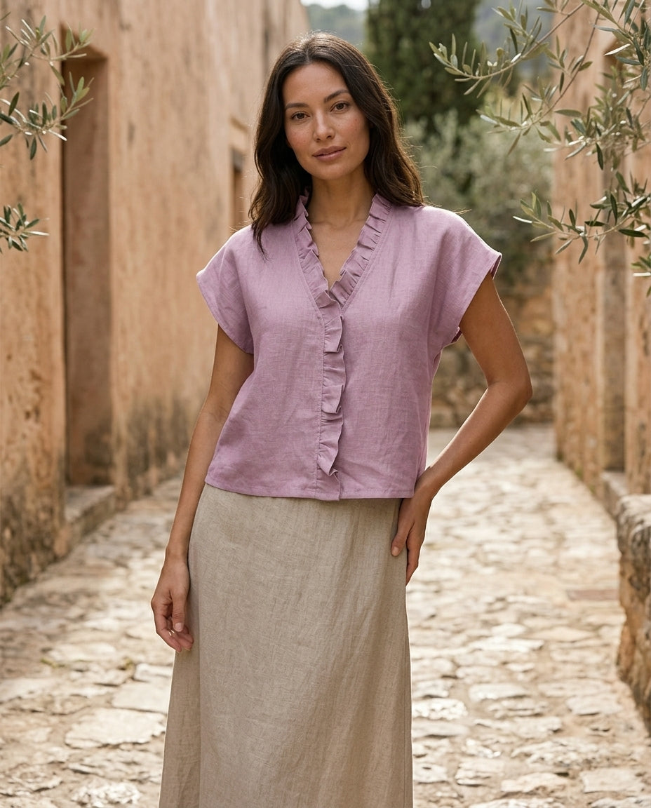 Ruffle Trim Linen Blouse