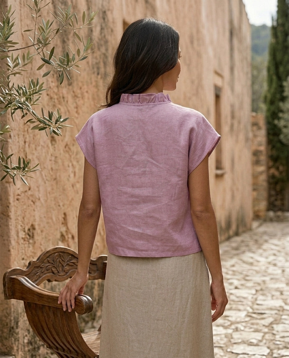 Ruffle Trim Linen Blouse