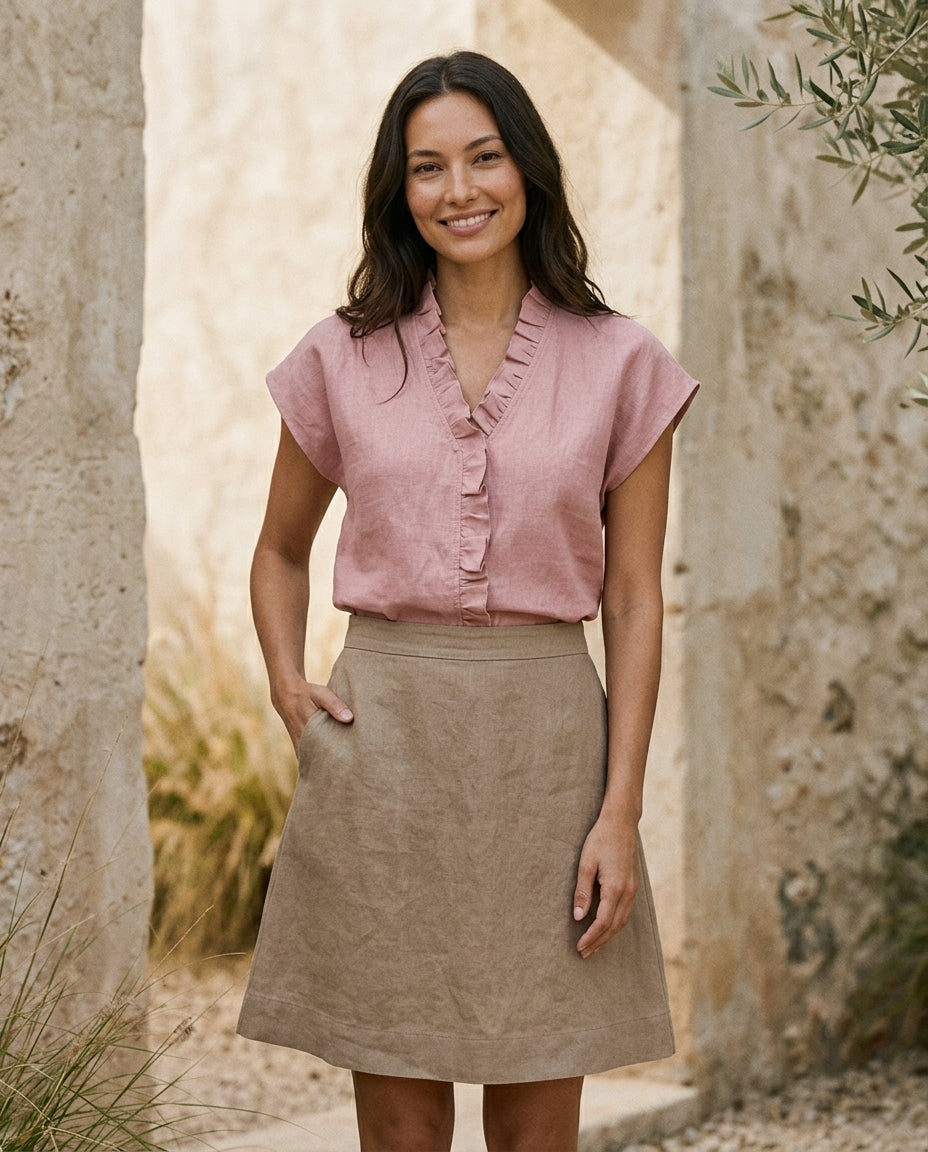 Ruffle Trim Linen Blouse