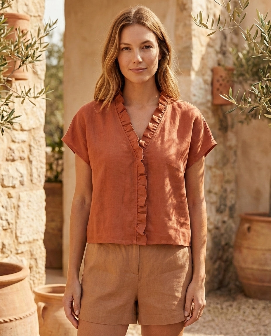 Ruffle Trim Linen Blouse