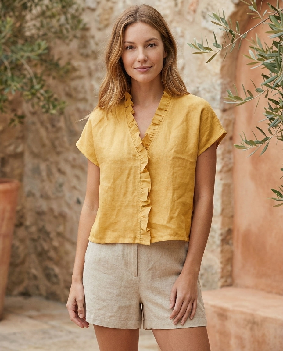 Ruffle Trim Linen Blouse
