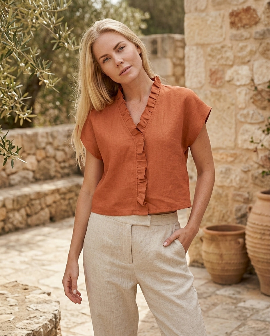 Ruffle Trim Linen Blouse