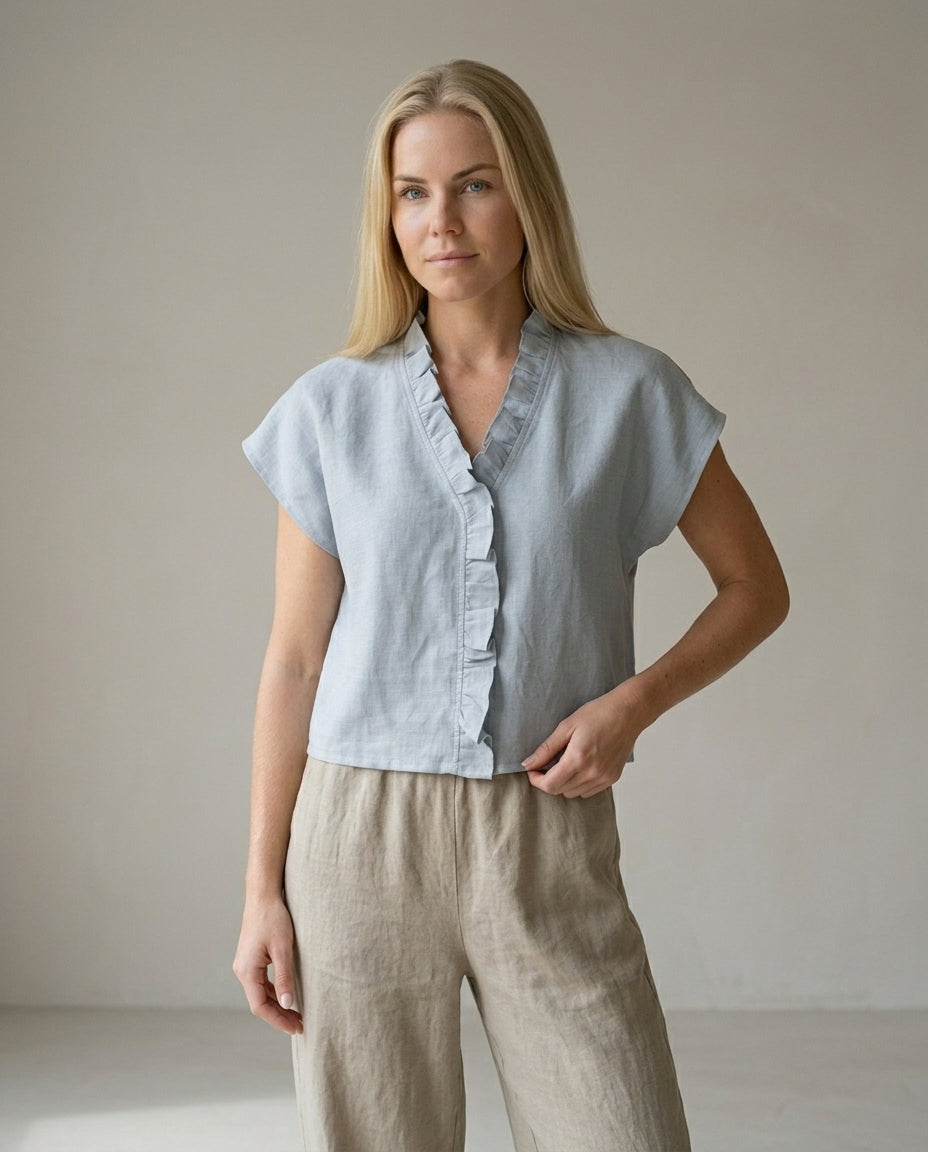 Ruffle Trim Linen Blouse