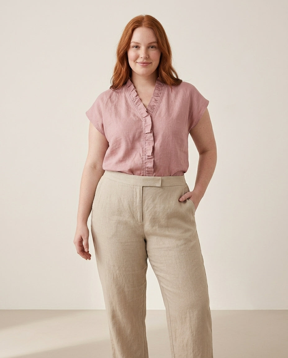 Ruffle Trim Linen Blouse