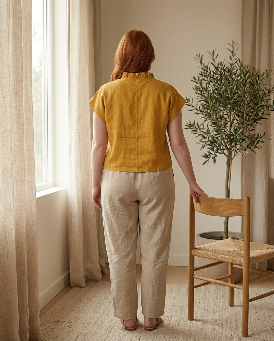 Ruffle Trim Linen Blouse