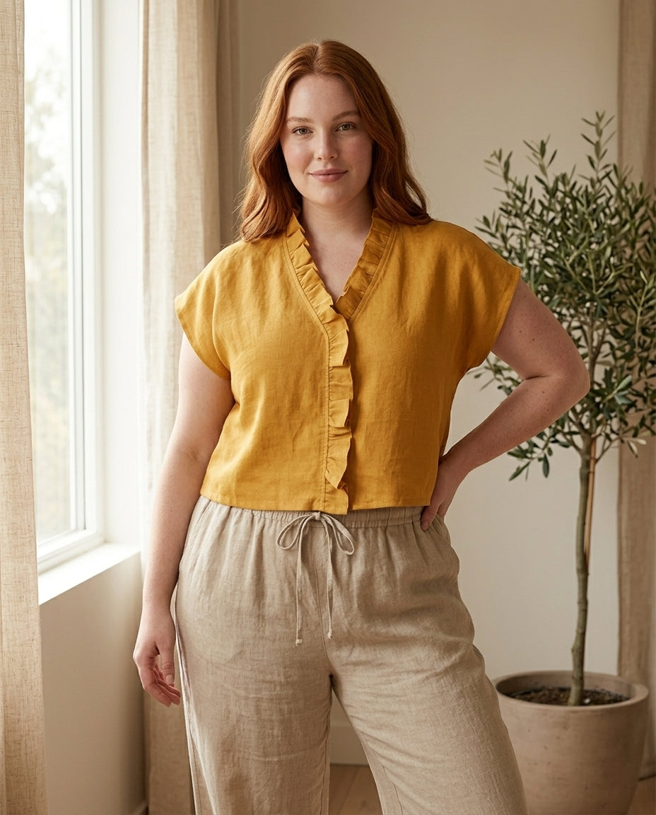 Ruffle Trim Linen Blouse