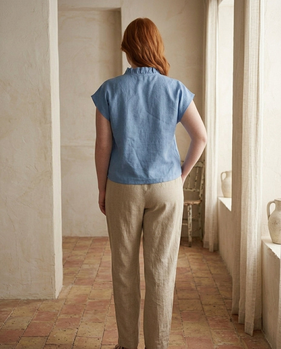 Ruffle Trim Linen Blouse