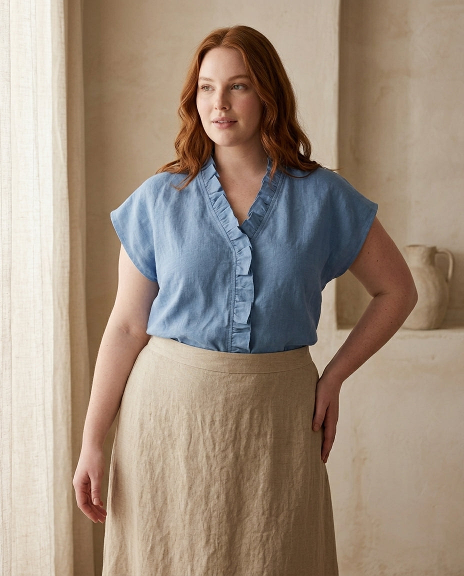 Ruffle Trim Linen Blouse