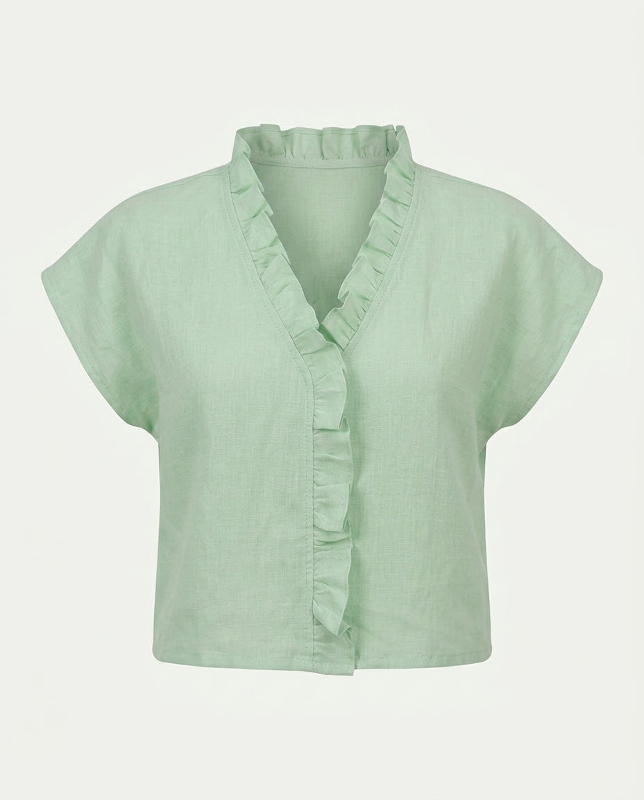 Ruffle Trim Linen Blouse