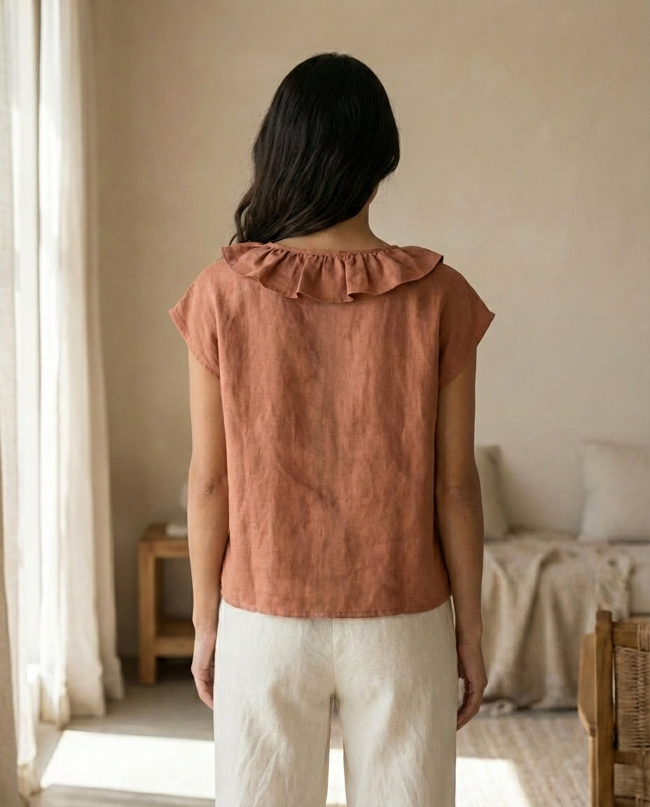 Frill Neck Sleeveless Linen Blouse