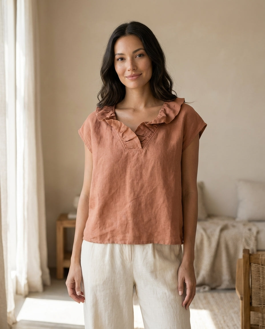 Frill Neck Sleeveless Linen Blouse