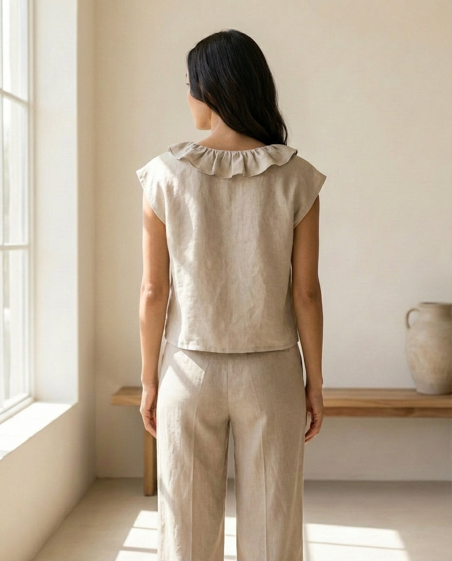 Frill Neck Sleeveless Linen Blouse