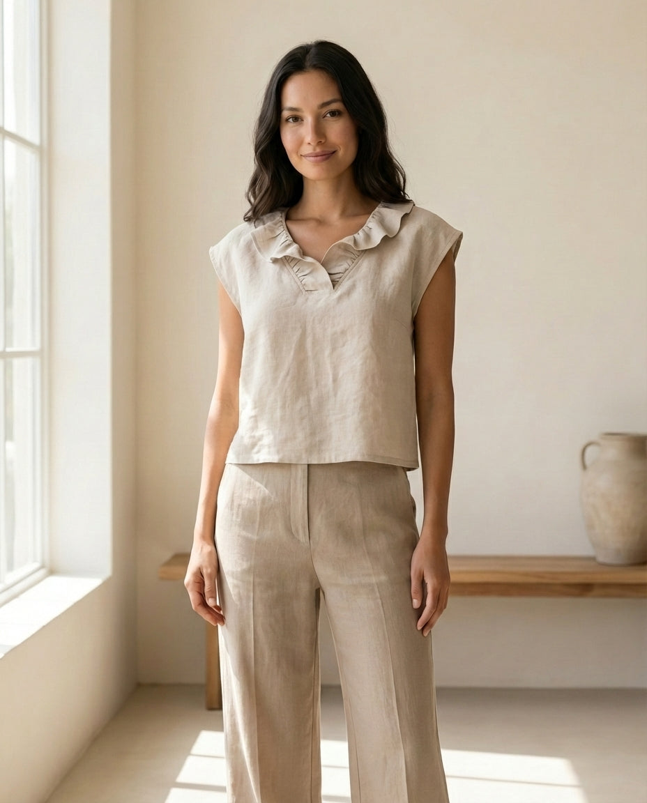 Frill Neck Sleeveless Linen Blouse