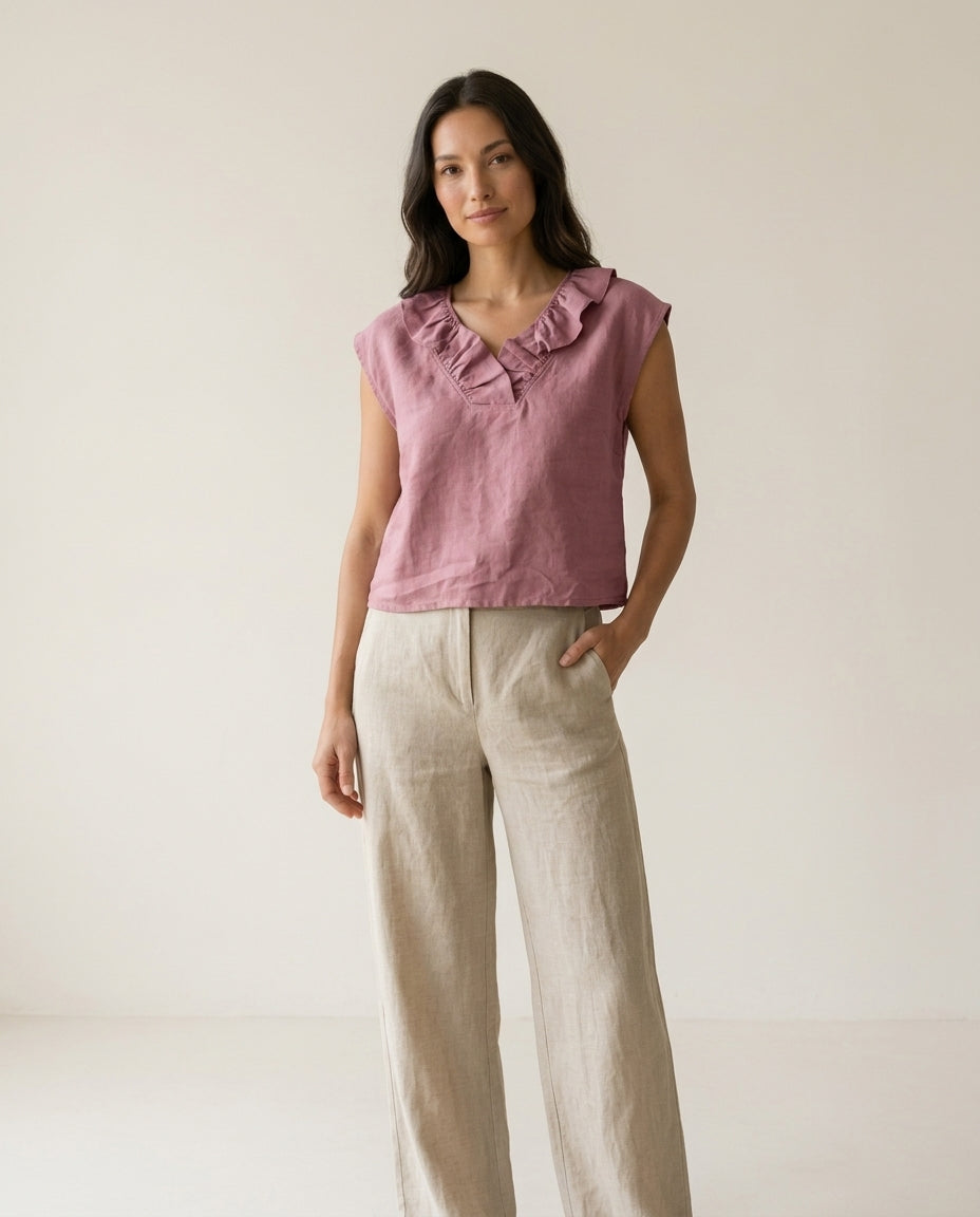 Frill Neck Sleeveless Linen Blouse