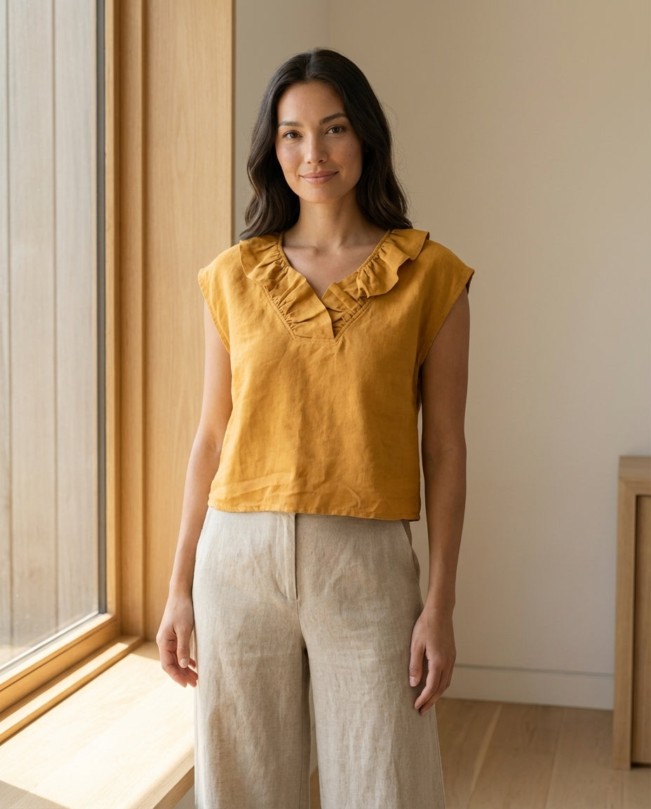 Frill Neck Sleeveless Linen Blouse