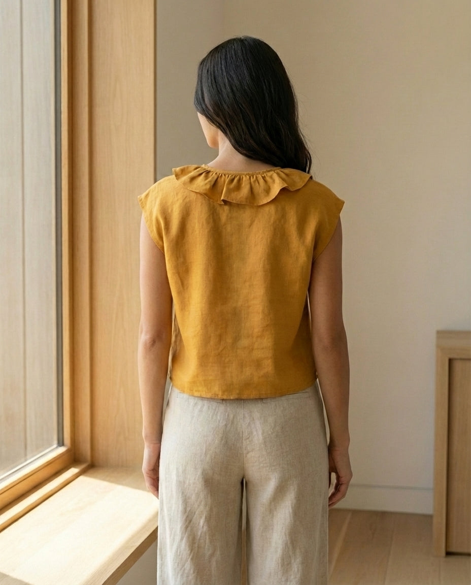 Frill Neck Sleeveless Linen Blouse