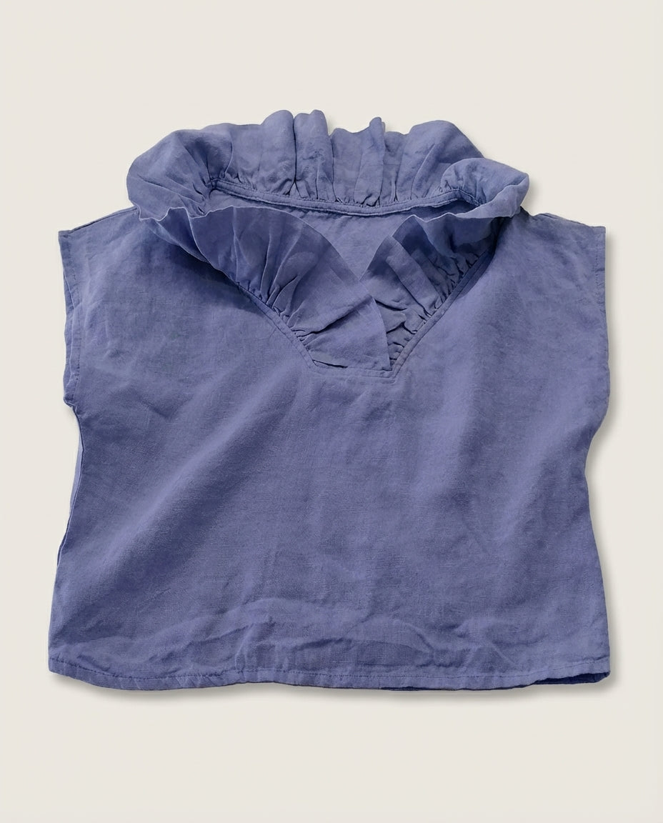 Frill Neck Sleeveless Linen Blouse
