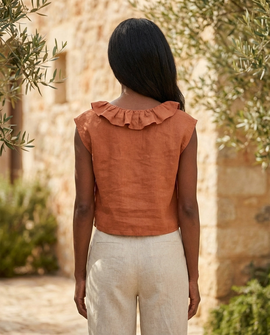 Frill Neck Sleeveless Linen Blouse